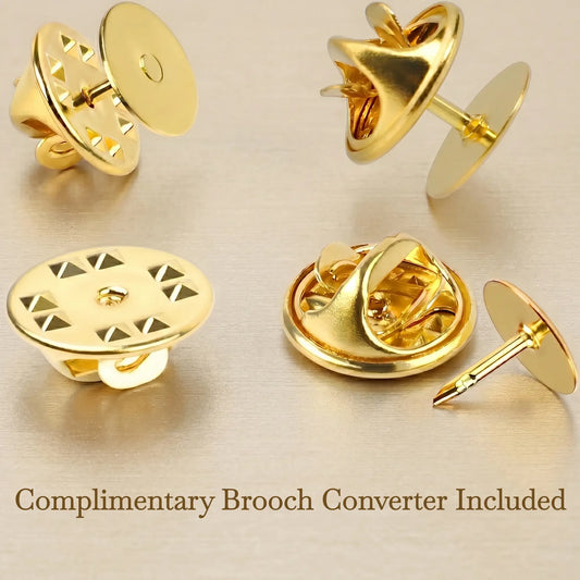 A detailed close-up showing multiple angles of a premium gold brooch converter and pin back. The text reads 'Complimentary Brooch Converter Included'. This clever accessory transforms our faux cufflinks into versatile brooch pins, offering a 2-in-1 styling solution for everyday fashion.
