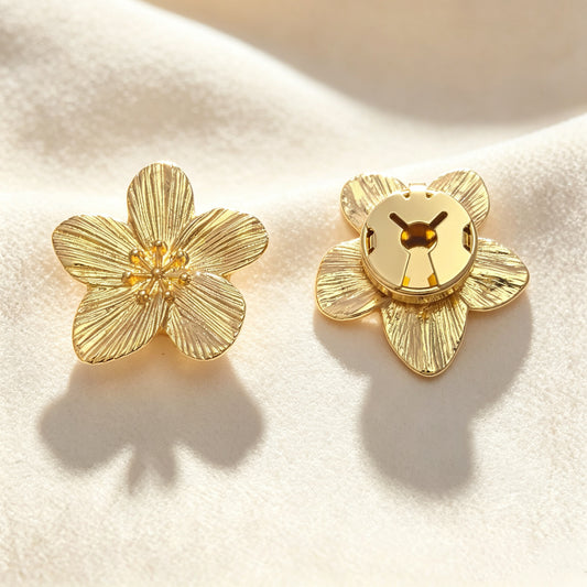 Detailed view of vintage-style engraved gold floral button covers on textured cream fabric with beautiful natural shadows. The right piece highlights the secure closed gold backing, demonstrating its seamless use as an elegant faux cufflink accessory.