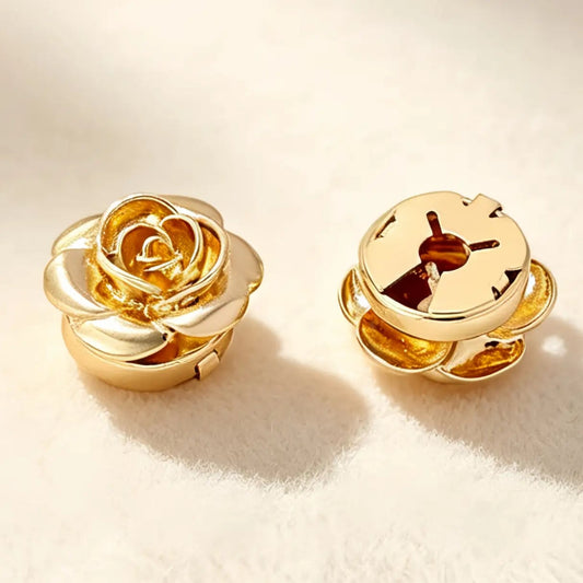 Close-up of a beautifully crafted gold rose faux cufflink. The image focuses on the securely closed attachment mechanism, ensuring this realistically proportioned floral accessory stays perfectly in place on shirt cuffs.