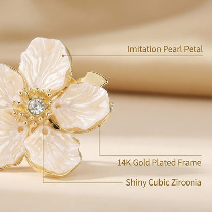 Close-up of a camellia button cover highlighting the 14K gold-plated frame, imitation pearl petals, and shiny cubic zirconia.