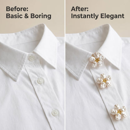 Side-by-side before and after comparison of a white shirt. The left shows standard plastic buttons labeled 'Before: Basic & Boring'. The right shows the same shirt instantly elevated with three baroque pearl floral button covers, labeled 'After: Instantly Elegant', showcasing a quick French-style light luxury styling hack.