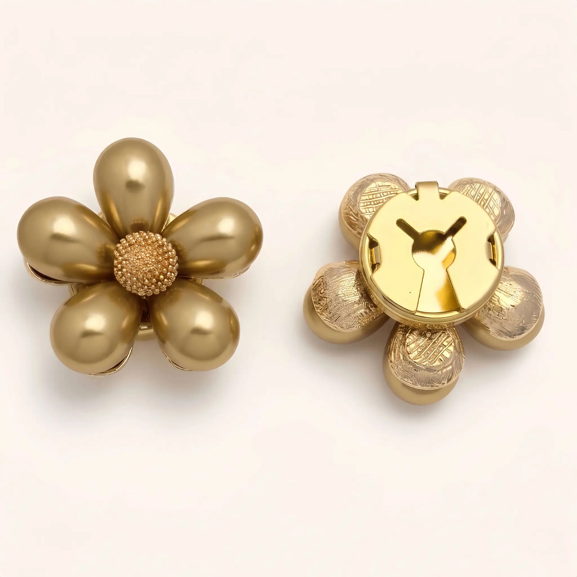 Minimalist charcoal grey pearl floral button cover resting on a pristine white background. Includes a detailed view of the secure closed gold back clip, functioning perfectly as a sophisticated cuff accessory.