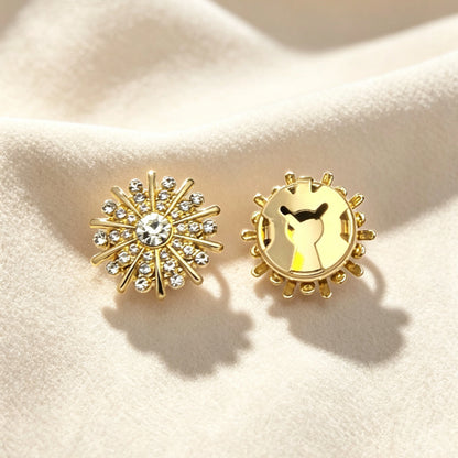 Detailed view of a vintage crystal starburst button cover resting on a soft cream background. The right side shows the secure closed gold backing, ensuring a flawless fit as an elegant evening cuff accessory.