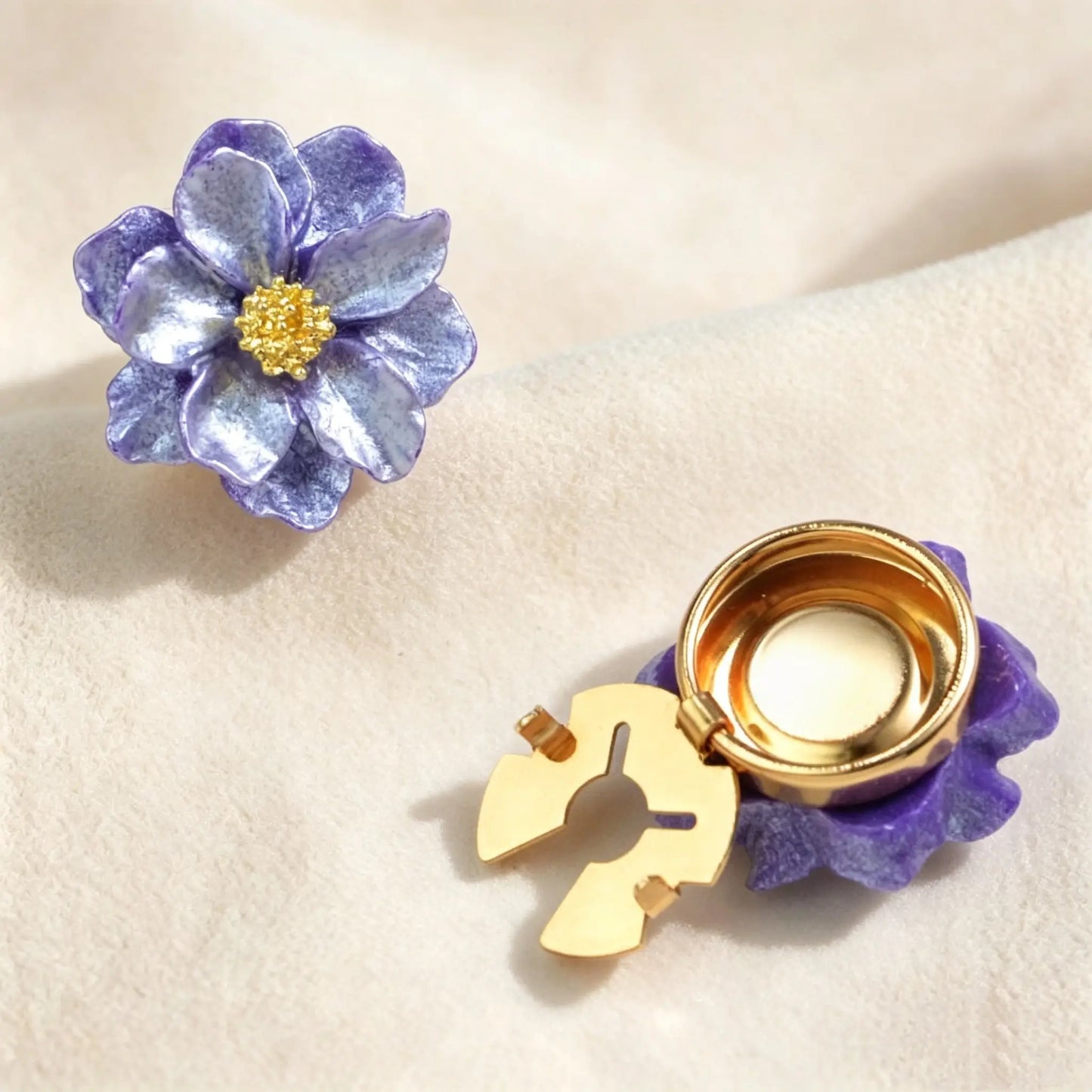 Deep purple shimmering pearlescent floral button cover with a textured gold center. Displays the open and closed gold clasp mechanism, perfect for a French-style light luxury faux cufflink upgrade.