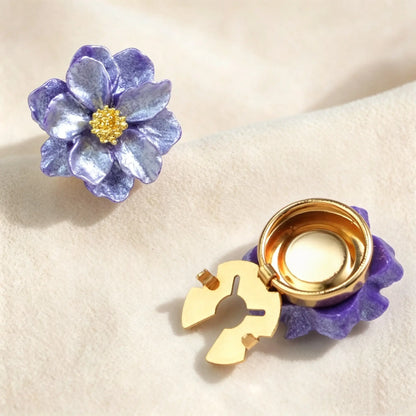 Deep purple shimmering pearlescent floral button cover with a textured gold center. Displays the open and closed gold clasp mechanism, perfect for a French-style light luxury faux cufflink upgrade.