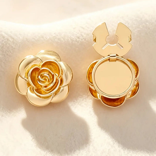 An elegant gold 3D rose button cover featuring intricately layered metallic petals. Set against a cream background, the right piece reveals the open gold clasp, offering a romantic and vintage-inspired upgrade for blouses.