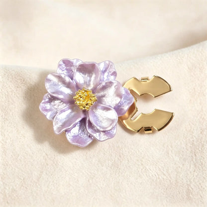 Elegant lavender light purple floral button cover featuring a mother-of-pearl finish and gold stamen. Shown with the gold hinge fully open, acting as a stunning detachable cuff accessory.