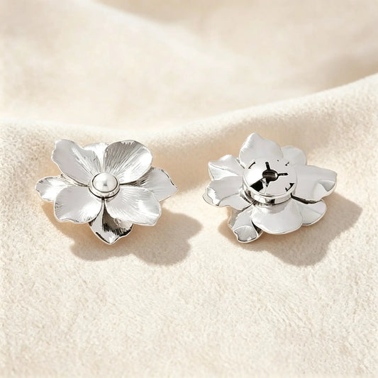 Detailed view of a refined silver floral button cover. The right side shows the securely closed clip mechanism, ensuring a 1:1 standard button scale for a sophisticated, no-sew faux cufflink experience.