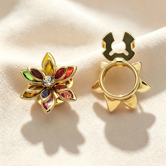 Vibrant multi-color stained glass floral button cover featuring pointed petals, gold edges, and a rhinestone center. The right piece displays the open gold hinge mechanism, perfect for a seamless, no-sew faux cufflink upgrade.