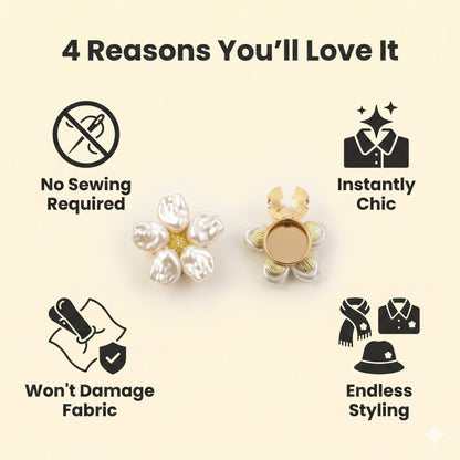 Infographic titled "4 Reasons You'll Love It" featuring two baroque pearl button covers in the center. Four icons highlight key product benefits: No Sewing Required, Won't Damage Fabric, Instantly Chic, and Endless Styling. Displayed on a minimalist cream background.