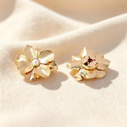 Close-up of a perfectly proportioned gold floral button cover. The image highlights the secure closed backing on a pure cream white setting, offering an elegant, zero-bulk upgrade that perfectly mimics standard shirt buttons.