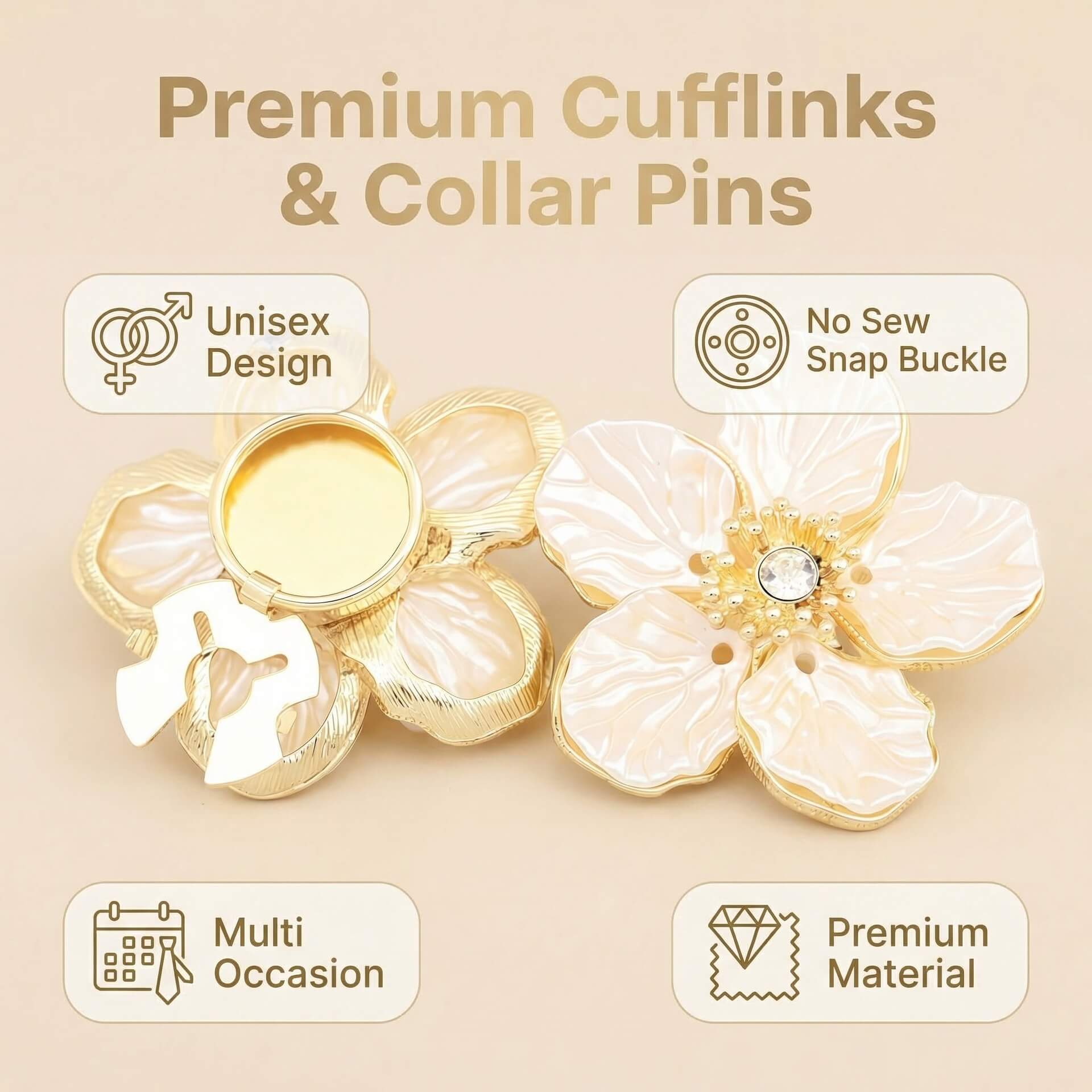 Marketing infographic showing the features of premium camellia button covers, including unisex design, no-sew snap buckle, and multi-occasion use.