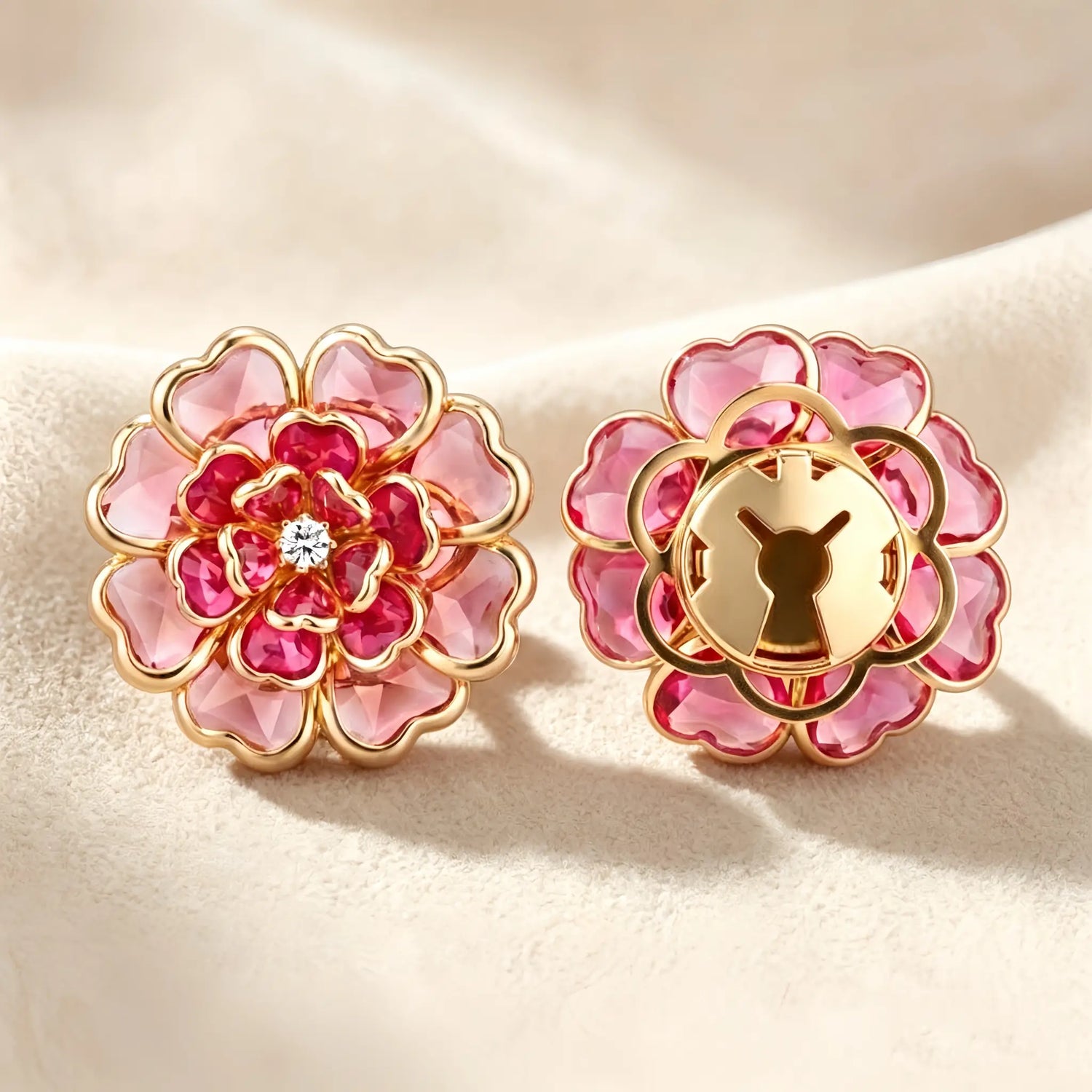 Striking rose pink transparent glass floral button cover. The image highlights the closed gold clasp back on textured fabric, securing seamlessly as a vintage-style shirt cuff upgrade.