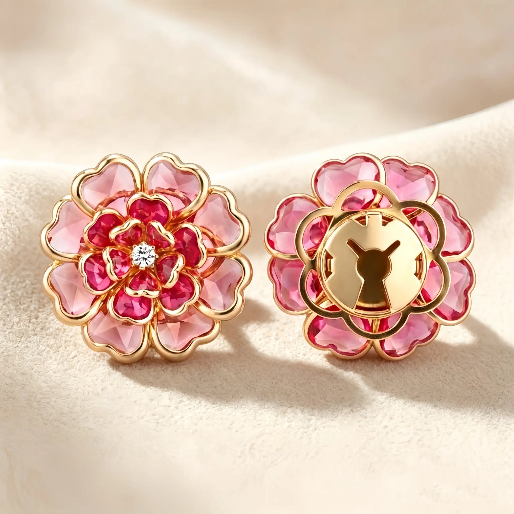 Striking rose pink transparent glass floral button cover. The image highlights the closed gold clasp back on textured fabric, securing seamlessly as a vintage-style shirt cuff upgrade.