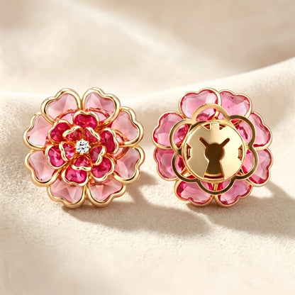 Striking rose pink transparent glass floral button cover. The image highlights the closed gold clasp back on textured fabric, securing seamlessly as a vintage-style shirt cuff upgrade.
