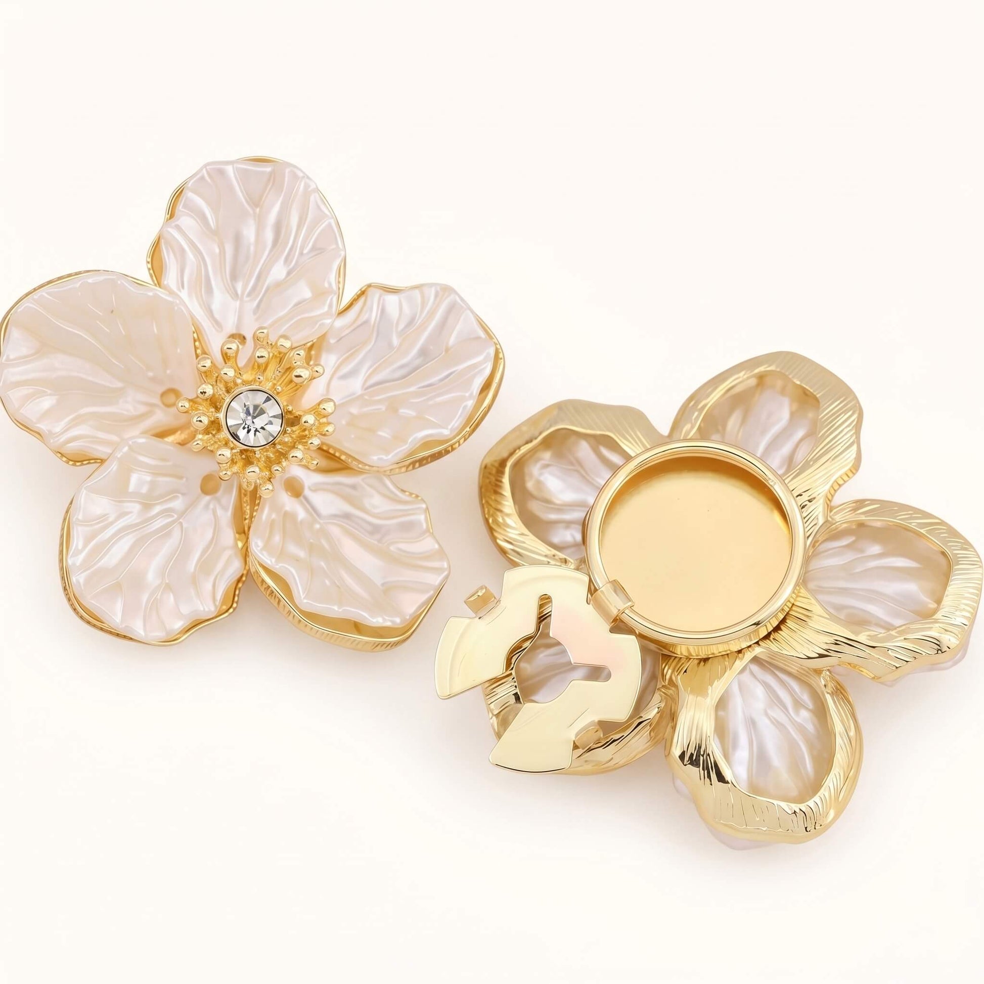 A pair of unisex camellia button covers that can also be used as cufflinks or collar pins, highlighting the versatile and premium materials.