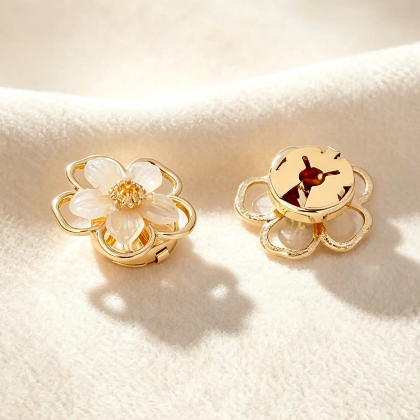 Detailed back view of a beautifully crafted gold pearlescent floral button cover. The closed mechanism ensures a perfect, zero-bulk fit over standard buttons, embodying the quiet luxury aesthetic for elegant styling.