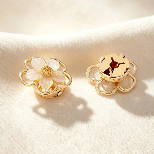 Detailed back view of a beautifully crafted gold pearlescent floral button cover. The closed mechanism ensures a perfect, zero-bulk fit over standard buttons, embodying the quiet luxury aesthetic for elegant styling.