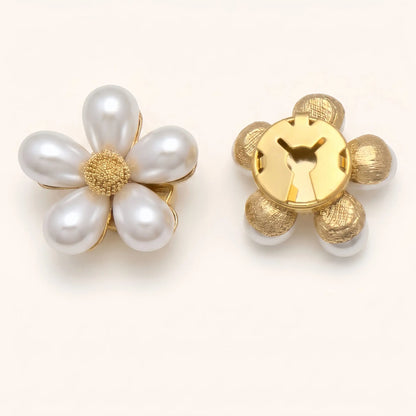 A pair of light luxury white pearl floral button covers on a minimalist background. The right piece illustrates the closed gold backing, ensuring a secure and elegant fit when used as a faux cufflink.